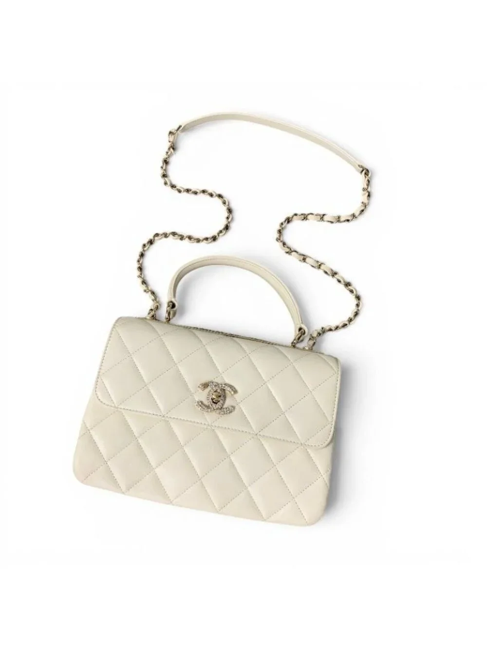 Chanel Trendy CC Shoulder Bag White Gold CC Logo Turnlock Rhinestone Chain 2-Way